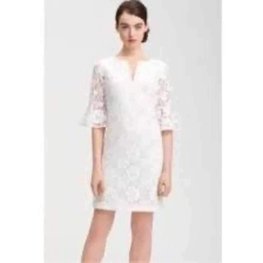 Adrianna Papell 8 Dot Print Lace Layer Shirt Dress White Mini Bridal Shower NWT
